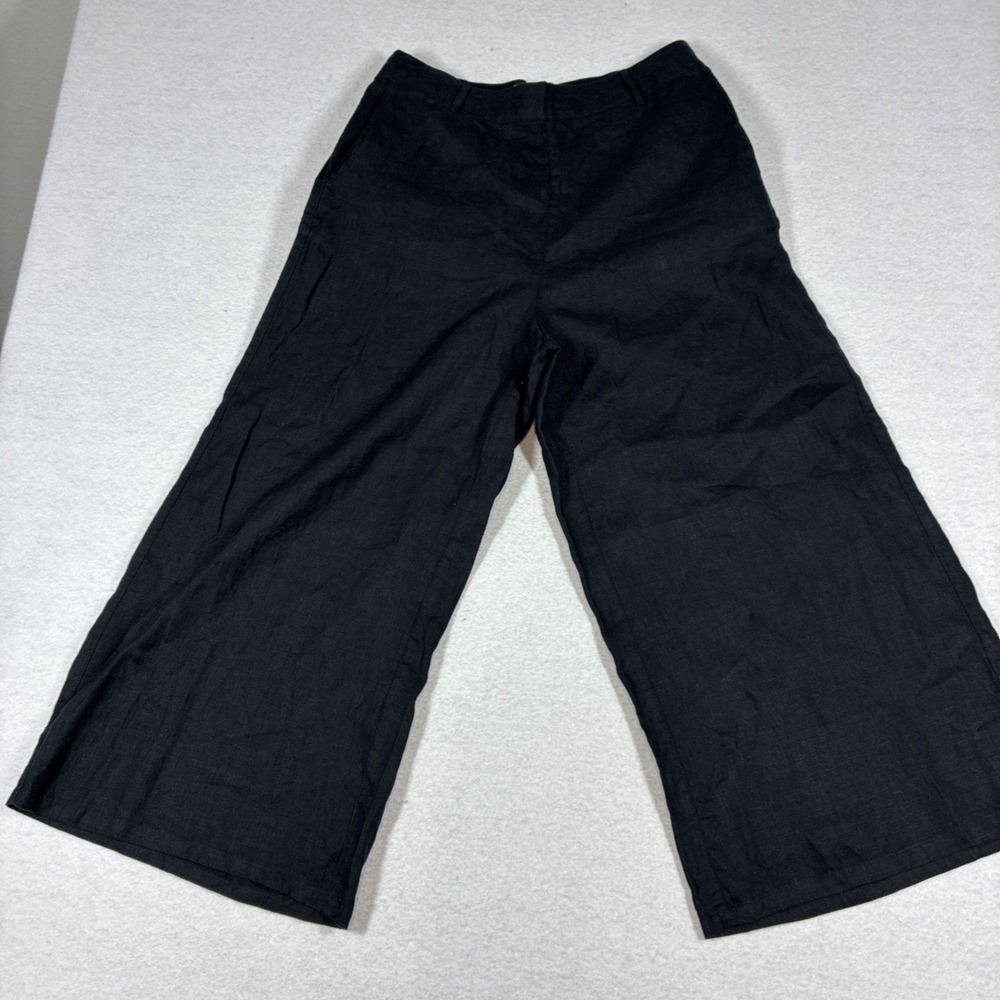 Tahari Womens Wide Leg Linen Pants Size Large European Flax Black Coastal Euro